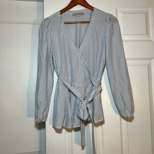 LOFT Long Balloon Sleeve Blue/Gray & White Striped Wrap Shirt V-Neck